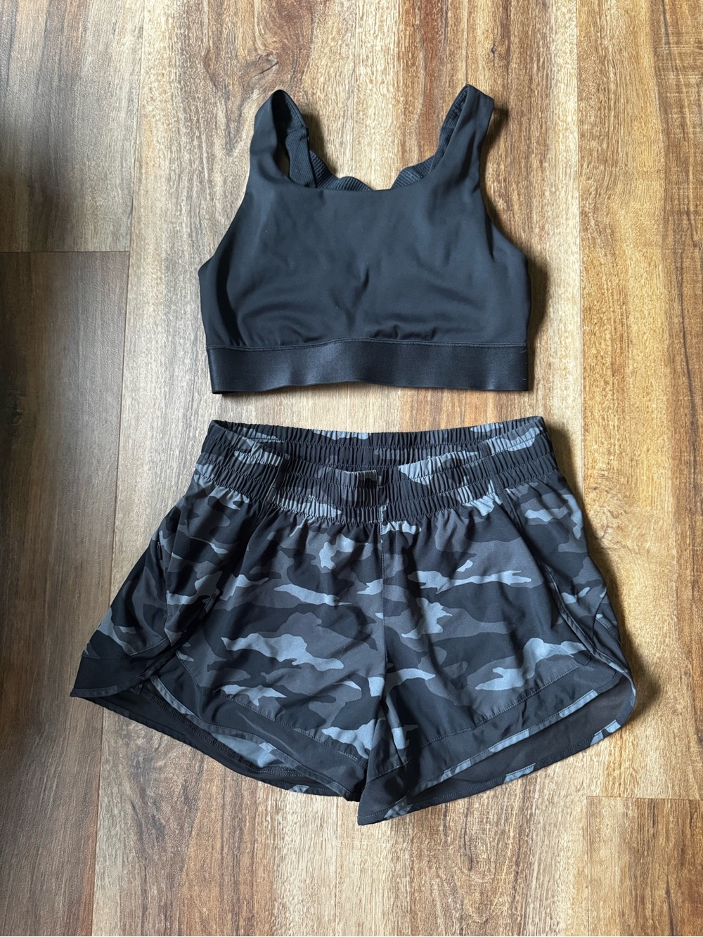 Athleta Black Sports Bra with Gray Camo Shorts
